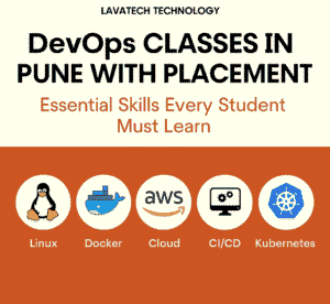 Lavatech Technology DevOps classes in Pune with placement poster featuring company logo, course title, essential skills, and icons for Linux, Docker, AWS, CI/CD, and Kubernetes.