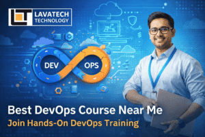 Best DevOps Course Near Me marketing banner featuring Lavatech Technology logo, DevOps infinity loop, cloud automation icons, and hands-on DevOps training concept in Pune
