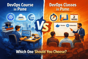 DevOps Course in Pune vs DevOps Classes in Pune comparison image showing structured DevOps course learning and short-term DevOps classroom training