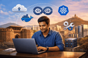 Best DevOps Course in Pune Near Me – student learning DevOps tools like AWS, Docker, Kubernetes, and CI/CD on a laptop with Pune city skyline and cloud automation icons in the background.