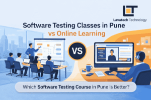 Software Testing Classes in Pune vs online learning comparison image showing classroom training and virtual software testing course with Lavatech Technology logo