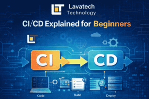 CI/CD Explained for Beginners illustration showing a CI to CD pipeline with build, test, and deploy stages, featuring the Lavatech Technology logo and modern DevOps workflow visuals.