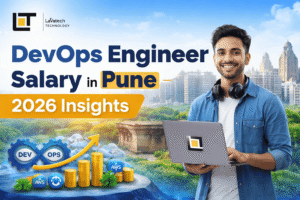 DevOps Engineer Salary in Pune 2026 banner with Lavatech Technology logo and Pune skyline.