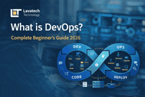 What is DevOps beginner guide 2026 banner featuring Lavatech Technology logo and DevOps lifecycle illustration