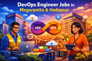 DevOps Engineer Jobs in Magarpatta and Hadapsar showing DevOps professionals working with cloud infrastructure, CI/CD pipelines, and automation tools in a colorful IT cityscape