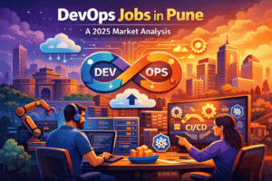 DevOps Jobs in Pune 2025 market analysis showing cloud computing, CI/CD pipelines, automation tools, and modern IT infrastructure with colorful DevOps workflow illustration.