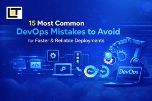 Most Common DevOps mistakes to avoid illustration with CI/CD pipeline, automation tools, and Lavatech Technology logo.