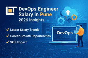 DevOps Engineer Salary in Pune 2026 insights banner featuring Lavatech Technology logo, cloud computing and DevOps automation graphics.
