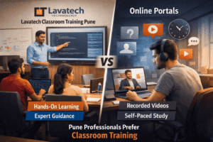 Lavatech vs. Online Portals showing hands-on classroom learning with expert trainers compared to self-paced online video courses preferred by Pune professionals