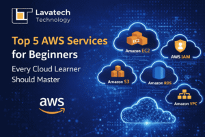 Top AWS services for beginners infographic by Lavatech Technology featuring EC2, S3, IAM, RDS, and VPC