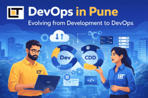 Illustration showing DevOps in Pune with IT professionals collaborating on cloud automation and CI/CD pipelines, highlighting Pune’s evolving IT ecosystem, with Lavatech Technology logo.