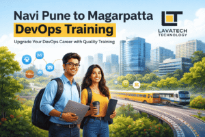 Quality DevOps Education by Lavatech Technology showcasing students commuting for quality DevOps education with modern IT city background and Lavatech logo