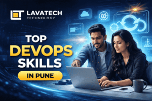 Promotional banner showing Lavatech Technology logo with two professionals working on a laptop, representing top DevOps skills in Pune such as cloud computing, CI/CD, Docker, and Kubernetes.