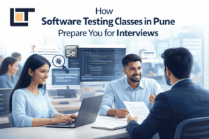 Software Testing Classes in Pune preparing students for interviews at Lavatech Technology, showing real-time project training, coding screens, and professional interview practice with the Lavatech Technology logo.