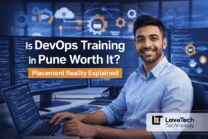 DevOps Training in Pune Worth It promotional banner with Lavatech Technology logo and developer working on laptop