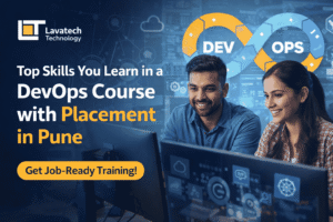 Banner showing students working on computers with Lavatech Technology logo promoting DevOps Course with Placement in Pune.