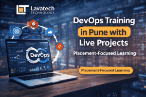 DevOps Training in Pune with Live Projects promotional banner featuring Lavatech Technology logo and placement-focused learning message.