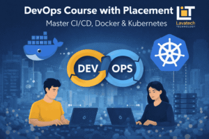 Illustration of DevOps Course with Placement Pune showing CI/CD workflow, Docker and Kubernetes icons, and Lavatech Technology branding.
