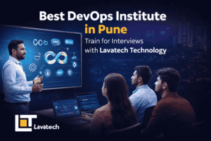 Best DevOps Institute in Pune training session illustration with Lavatech Technology logo and students learning DevOps tools.