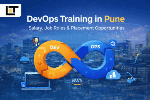 DevOps Training in Pune banner with Lavatech Technology logo, DevOps infinity loop, and cloud tools icons representing salary, job roles, and placement opportunities.