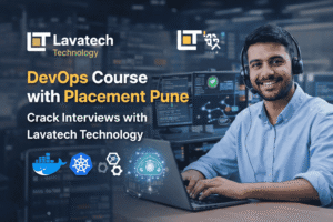 DevOps Course with Placement Pune by Lavatech Technology banner with student using laptop and DevOps tools icons