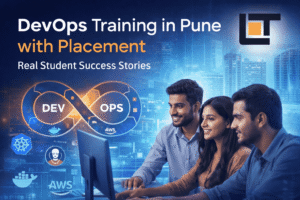 Lavatech Technology DevOps Training in Pune with Placement banner showing students, DevOps infinity symbol, and company logo.