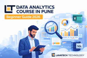 Lavatech Technology Data Analytics Course in Pune 2026 beginner guide banner with analytics charts and Excel SQL icons