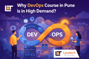 DevOps course in Pune promotional banner by Lavatech Technology featuring DevOps infinity loop, IT professionals, and Pune city tech background.