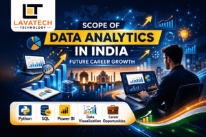 Scope of Data Analytics in India infographic by Lavatech Technology showing career growth, analytics tools, and future opportunities