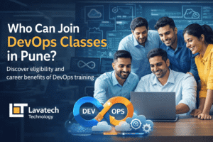 Lavatech Technology DevOps Classes in Pune banner showing IT professionals collaborating with DevOps infinity symbol and course promotion text.
