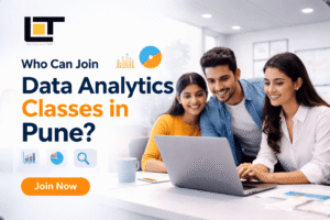 Students learning data analytics on laptop with Lavatech Technology logo promoting Data Analytics Classes in Pune