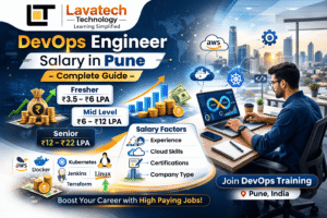 DevOps Engineer Salary in Pune infographic with Lavatech Technology logo showing fresher to senior salary ranges and DevOps tools.