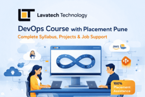 DevOps Course with Placement Pune promotional graphic by Lavatech Technology featuring DevOps tools and training concept