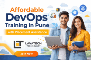 Affordable DevOps Training in Pune with Placement Assistance promotional banner featuring Lavatech Technology logo and students with laptop
