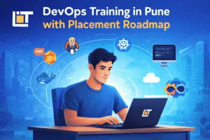 AI illustration of DevOps Training in Pune with Placement Roadmap featuring Lavatech Technology logo and a student working on cloud and automation tools.
