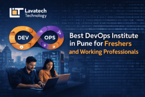 DevOps training banner showing Lavatech Technology logo and text Best DevOps Institute in Pune for Freshers and Working Professionals