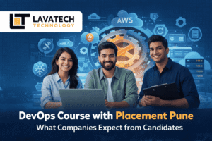 DevOps Course with Placement Pune promotional banner featuring Lavatech Technology logo and professionals working with cloud and automation icons