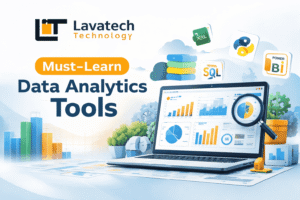 Lavatech Technology banner showing must-learn data analytics tools with laptop dashboard, charts, and analytics software icons.