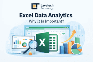 Excel for Data Analytics dashboard illustration with Lavatech Technology logo and data charts