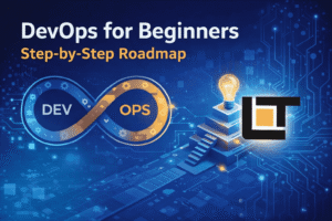 DevOps for Beginners step-by-step roadmap banner with DevOps infinity loop and Lavatech Technology logo on a technology background.
