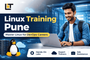 Linux Training Pune for DevOps at Lavatech Technology banner with student using laptop and Linux penguin showing hands-on labs, expert trainers, and job assistance.